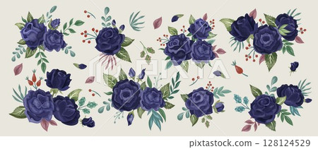 Rose black. Wedding invite, stylish floral wreath. Watercolor flowers frame, green leaves, spring branch, celebration decoration. Gothic botanical decorative isolated elements. Vector tidy card design Rose black. Wedding invite, stylish floral wreath. Watercolor flowers frame, green leaves, spring branch, celebration decoration. Gothic botanical decorative isolated elements. Vector tidy card design 128124529