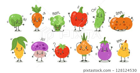 Vegetable cartoon. Cute kawaii cabbage, carrot, fresh broccoli, healthy pepper, tomato with smiling face. Funny food, kid mascot. Healthy emoji icon. Vector tidy vegetarian cartoon flat isolated set 128124530