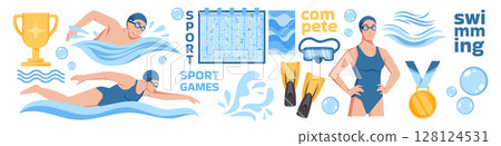 Swimmer sport competition. Abstract swim training. Summer pool. Athletic motion. Water action. Event swimwear. Tournament win award. Goggles and fins. Championship background. Vector garish design 128124531