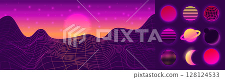 Wave retro. Neon mountain. Synth sun. Planet surface. Moon circles. Wireframe landscape in 80s style. Grid structure. Laser sunset. Glitch effect. Sci-fi space. Vector garish futuristic background 128124533