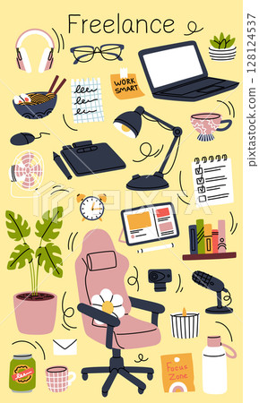 Home office workspace. Cozy freelance interior with laptop, soft armchair or desk. Lamp on table. Remote work with gadgets. Plant pot. Camera and microphone. Note stickers. Vector cartoon illustration 128124537