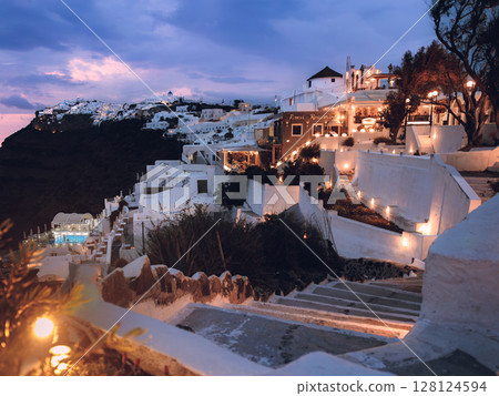 Night view of Fira, Santorini after sunset Night view of Fira, Santorini after sunset 128124594
