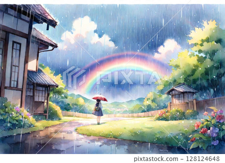 Rainbow, rain and girl (watercolor style) Rainbow, rain and girl (watercolor style) 128124648