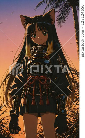 Serene Anime Girl Warrior at Desert Sunset 128124656