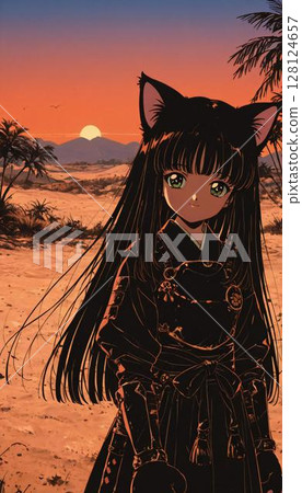 contemplative Anime Neko Girl in Desert Landscape 128124657