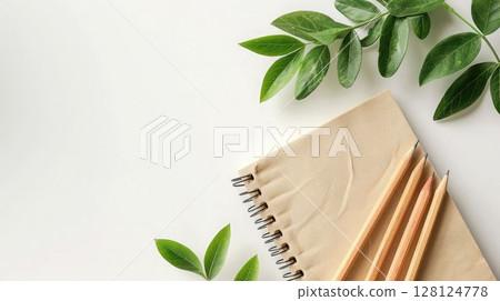 Top view of sharpened wooden pencils neatly arranged on spiral notebook with green plant leaves on white table with copy space. School or creative eco workspace themes concept 128124778