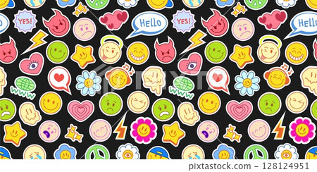 Smile stickers seamless pattern. Pop y2k emoji character. Fun and cool retro design. Repeated print. Cute emoticon patch. Cartoon funky texture background. Vintage smileys badge. Vector illustration Smile stickers seamless pattern. Pop y2k emoji character. Fun and cool retro design. Repeated print. Cute emoticon patch. Cartoon funky texture background. Vintage smileys badge. Vector illustration 128124951