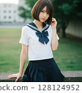 Sailor-suited high school girls meeting at school 128124952