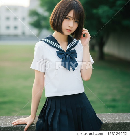 Sailor-suited high school girls meeting at school 128124952