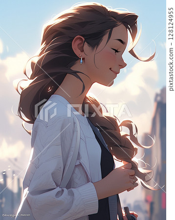 Profile of a smiling woman walking through the city on her way to work or home from work 128124955