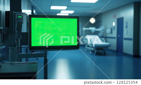 Ultra-realistic photo of hospital medical monitor with green screen data display Ultra-realistic photo of hospital medical monitor with green screen data display 128125354