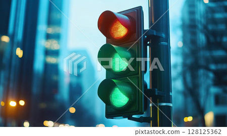 A Green Traffic Light Illuminates the Evening Skyline in a Vibrant Urban Cityscape 128125362