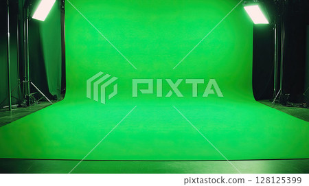Photo of a professional large green screen and lighting equipment 128125399