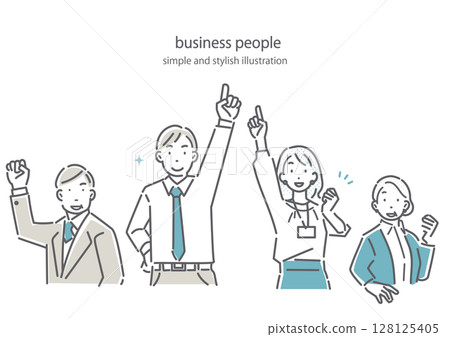 Simple and stylish line drawing illustrations of business people of various generations working hard and energetically 128125405