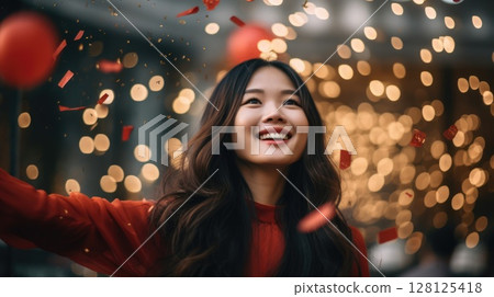 Asian woman celebrating new year eve on a blurred holiday background Asian woman celebrating new year eve on a blurred holiday background 128125418
