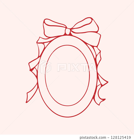 Vintage oval frame with bow in red color. Hand drawn illustration in sketch style. Outline vector. Charming Ink Doodle for Valentine or Wedding Illustration. Vector illustration Vintage oval frame with bow in red color. Hand drawn illustration in sketch style. Outline vector. Charming Ink Doodle for Valentine or Wedding Illustration. Vector illustration 128125419