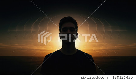 Person Standing Still While Time Flows Visible Past Future Streams 128125430
