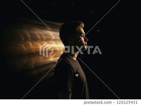 Person Standing Still While Time Flows Visible Past Future Streams 128125431