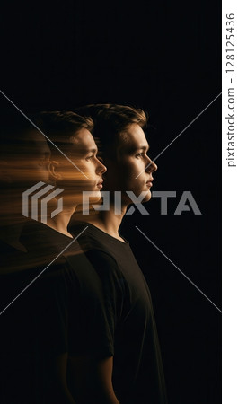 Person Standing Still While Time Flows Visible Past Future Streams 128125436