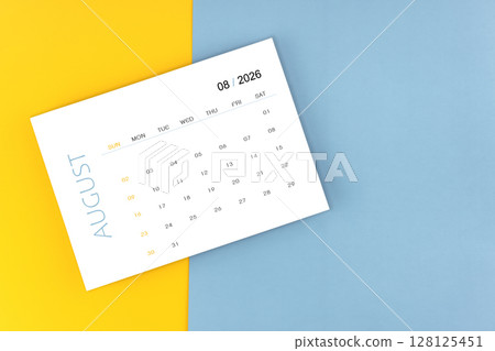 August 2026 calendar page on blue color background, Position with copy space. 128125451