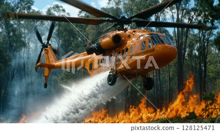 Helicopter battles fierce wildfire, dropping water over flames in remote woodland area, showcasing bravery of firefighters on front lines at critical time 128125471