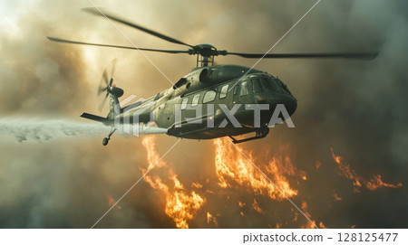 Helicopter flying amidst roaring wildfire, battling fierce flames and smoke rising into the sky, showcasing resilience and effort in firefighting operations in a dangerous environment Helicopter flying amidst roaring wildfire, battling fierce flames and smoke rising into the sky, showcasing resilience and effort in firefighting operations in a dangerous environment 128125477
