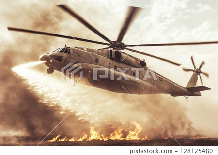Helicopter battling wildfire in action over charred landscape, showcasing efforts to combat flames during critical emergency response 128125480