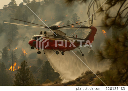 Helicopter conducts water drop to combat wildfire in mountainous terrain during midday hours under thick smoke and intense heat from surrounding flames Helicopter conducts water drop to combat wildfire in mountainous terrain during midday hours under thick smoke and intense heat from surrounding flames 128125483