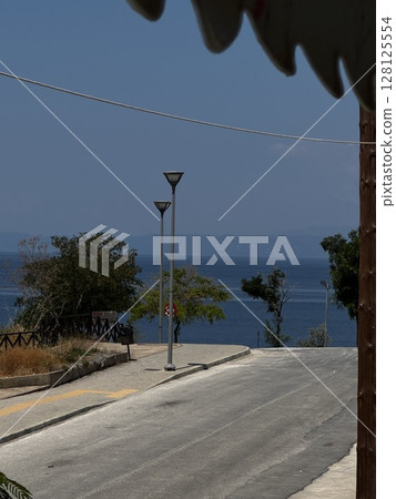 Roadway near the sea with lampposts and overhanging leaves, viewed under bright summer light great for travel and vacation visuals. 128125554