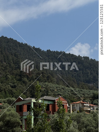 View of cabins nestled in a lush green hillside with forest and clear blue sky, ideal for eco-travel and nature escape themes. 128125581