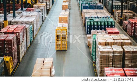 Distribution center with box packaging on shelves 128125741