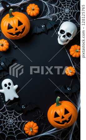black paper space, flat lay composition, with 3D catoon three pumpkins, skull, ghost and bat, spider net spooky elements for scary night decoration, copy space black paper space, flat lay composition, with 3D catoon three pumpkins, skull, ghost and bat, spider net spooky elements for scary night decoration, copy space 128125765