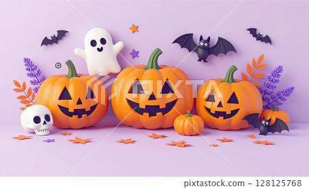 soft lilac paper space, flat lay composition, with 3D catoon three pumpkins, skull, ghost and bat, net spooky elements for scary night decoration, copy space soft lilac paper space, flat lay composition, with 3D catoon three pumpkins, skull, ghost and bat, net spooky elements for scary night decoration, copy space 128125768