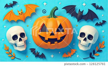 soft blue paper space, flat lay composition, with 3D catoon three pumpkins, skull, ghost and bat, net spooky elements for scary night decoration, copy space 128125781
