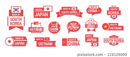 Made in Japan, China, South Korea, Vietnam labels. Asian quality sticker. Origin mark product packaging tags. Made in Japanese, Chinese, Vietnamese, Korean simple emblems. Vector set Made in Japan, China, South Korea, Vietnam labels. Asian quality sticker. Origin mark product packaging tags. Made in Japanese, Chinese, Vietnamese, Korean simple emblems. Vector set 128126000