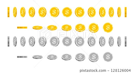 Golden and silver coins. Cartoon animation coin. Rotating gold and silver money for game, app, website. Different animated angles flip and rotate. Various round dollar views. Vector set 128126004