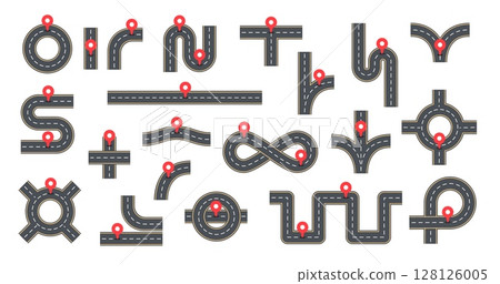 Road path. Navigation highway with pointer. Asphalt highway top view direction, route traffic, street roadmap. Gps location pin for destination path. Street roads plan kit. Vector set Road path. Navigation highway with pointer. Asphalt highway top view direction, route traffic, street roadmap. Gps location pin for destination path. Street roads plan kit. Vector set 128126005