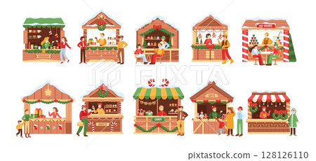 Christmas market stalls with people. Winter festival outdoor kiosks. Sellers and buyers at Xmas fair, sweets, drinks, gifts, food festive shops. Holiday celebration. Vector collection 128126110
