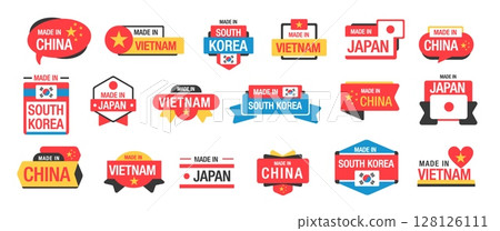 Made in Asian country badges. Made in Japan, China, South Korea, Vietnam labels. Quality product sticker with Made in Japanese, Chinese, Vietnamese, Korean flags. Vector emblems set 128126111