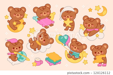 Cartoon cute bear. Kawaii funny relaxing bears. Little animals sleeping on clouds, happy teddy characters with stars, moon, pillow. Baby teddy bears dreaming on cloud. Vector collection Cartoon cute bear. Kawaii funny relaxing bears. Little animals sleeping on clouds, happy teddy characters with stars, moon, pillow. Baby teddy bears dreaming on cloud. Vector collection 128126112