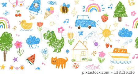 Cute kid doodle pattern. Seamless texture with child crayon drawings. Horizontal hand drawn child pencil background with flowers, stars, clouds, rainbow, sun. Vector banner 128126126