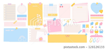 Notes and stickers. Sticky papers. Planners, notebook organization paper memos, diary goal pages, to do list sheets, information board reminder tapes with pins, clips. Vector set 128126133