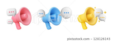 3d megaphone with speech bubble. Voice message. Realistic loudspeaker with speech banner, talk bubble. Announcement and communication concept. Promo icon vector set 128126143