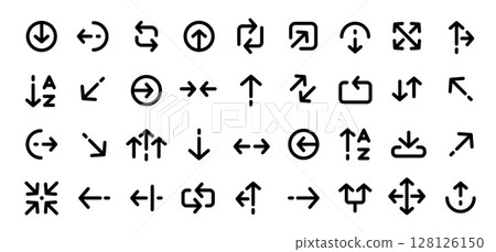 Line arrows. Linear thin arrow symbols. Triple arrows icons, left and right arrow, turn up, double up and down direction arrow pictogram for web, app, UI design. Vector collection Line arrows. Linear thin arrow symbols. Triple arrows icons, left and right arrow, turn up, double up and down direction arrow pictogram for web, app, UI design. Vector collection 128126150