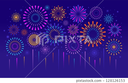 Festive colorful firework. Holiday fireworks and sparklers. Celebration party pyrotechnics firecracker explosion in dark sky with glitter and stars. Vector carnival composition 128126153
