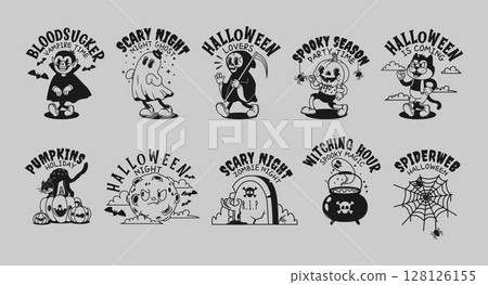 Comic Halloween characters. Retro spooky mascots with lettering. Funny pumpkins and cats, vampire, death, black cat, magic cauldron. Scary Happy Halloween vector set 128126155
