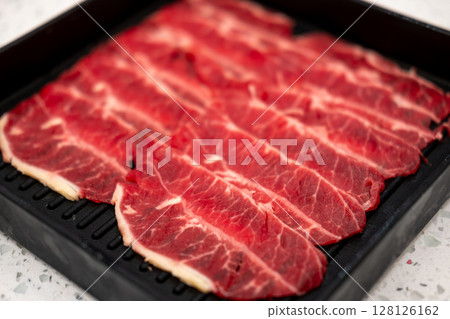 Close up of sliced oyster blade, raw meat. prepared for cooking Close up of sliced oyster blade, raw meat. prepared for cooking 128126162
