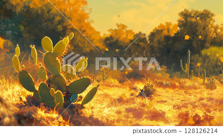 Autumn cactus in a forest with red leaves, cartoon style 128126214