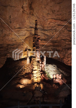 Zhangjiajie, Hunan Province, China - March 12, 2025: The beautiful interior of the Huanglong Cave in Zhangjiajie.ean landscapes within the cave. Zhangjiajie, Hunan Province, China - March 12, 2025: The beautiful interior of the Huanglong Cave in Zhangjiajie.ean landscapes within the cave. 128126346