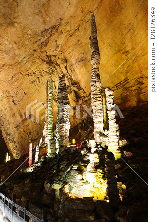 Zhangjiajie, Hunan Province, China - March 12, 2025: The beautiful interior of the Huanglong Cave in Zhangjiajie.ean landscapes within the cave. Zhangjiajie, Hunan Province, China - March 12, 2025: The beautiful interior of the Huanglong Cave in Zhangjiajie.ean landscapes within the cave. 128126349